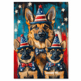 German Shepherd Mom and Puppies in Patriotic Party Hats and Bowties with American Flag Background in Bold Colors on Ready to Hang 1.5" Thick Canvas Wrap, Floating Framed Canvas, Flat Rolled Canvas